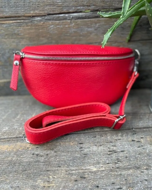 Leather Belt Bag - Red With Silver Finishings