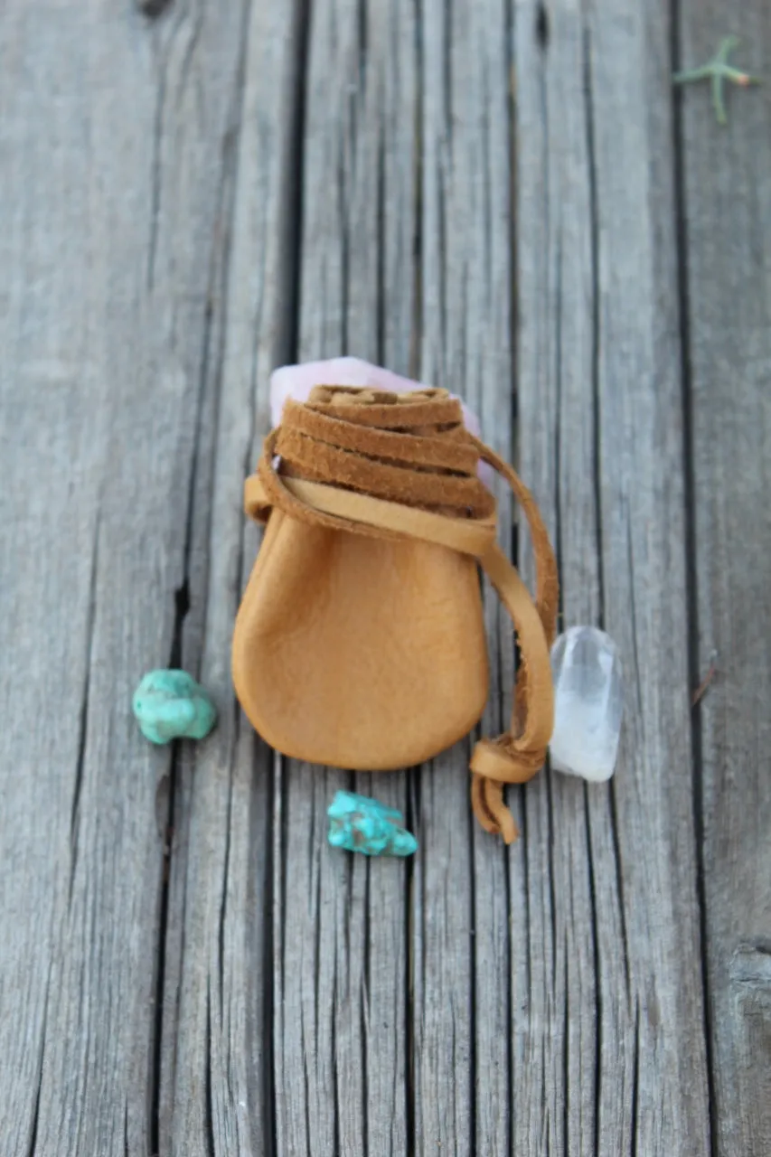 leather necklace bag, medicine bag, crystal pouch