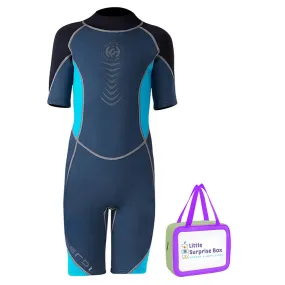 Little Surprise Box Colorblock Black & Light Blue 2.5mm Neoprene Knee Length,Half Sleeves Kids Swimsuit