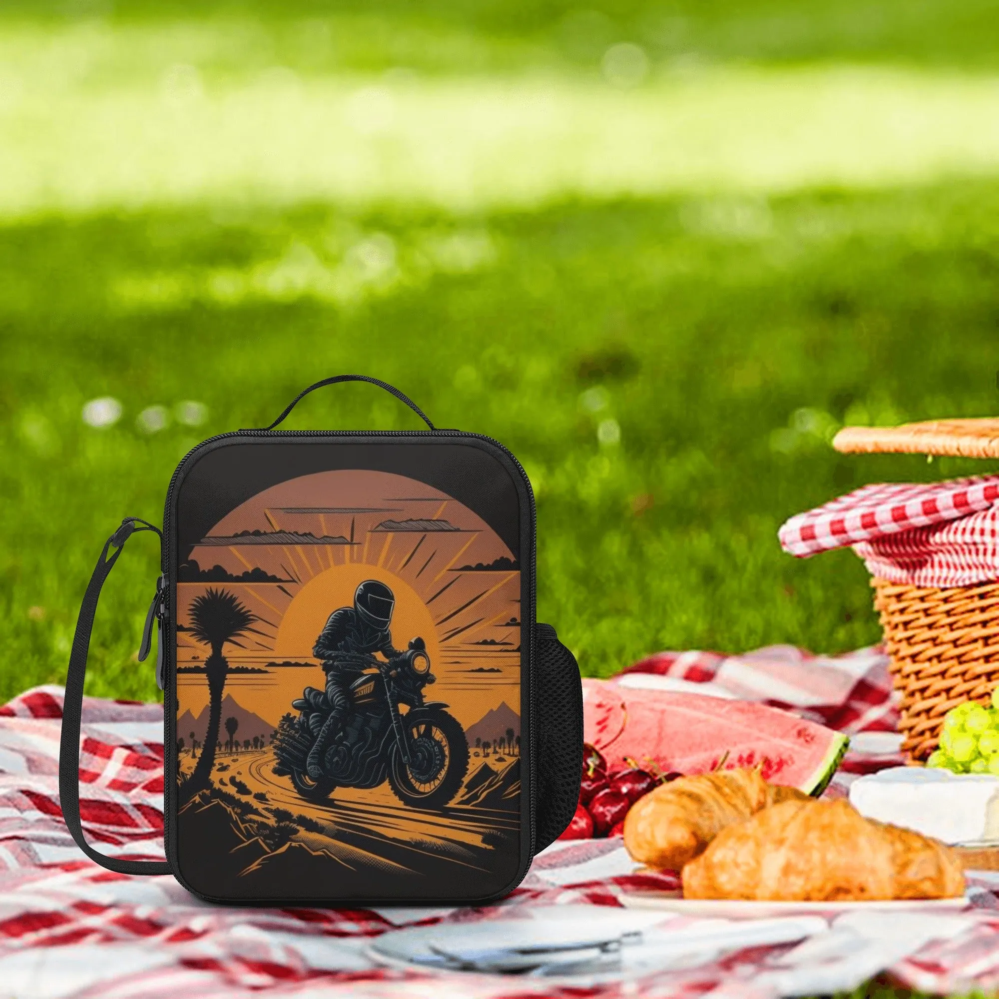 Lunch Bag-All-Over Print-Lunch Box Bag with Bottle Holder-Spacious-Retro Vintage Sunset Biker