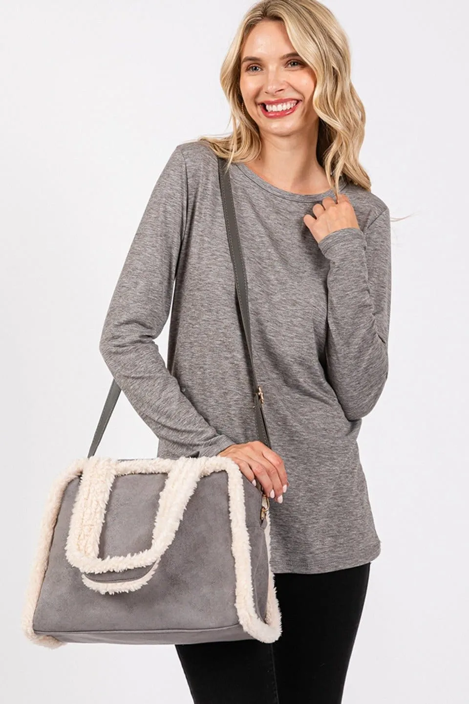 MB0260 Fleece Trimmed Tote/Crossbody Bag