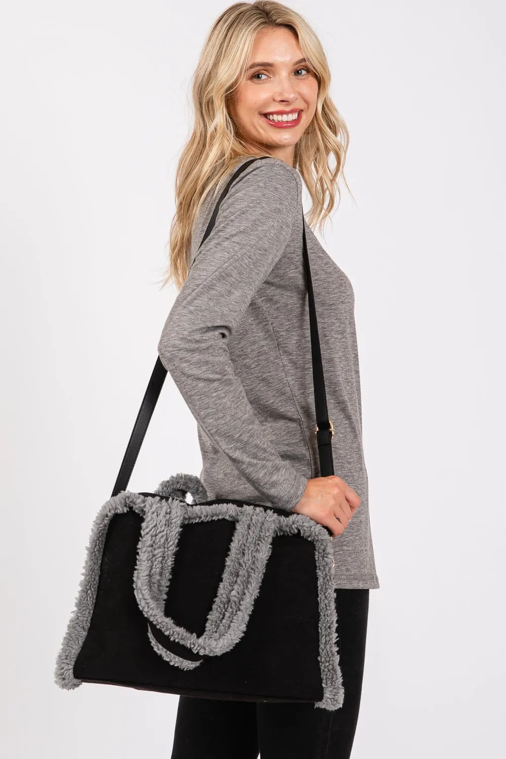 MB0260 Fleece Trimmed Tote/Crossbody Bag