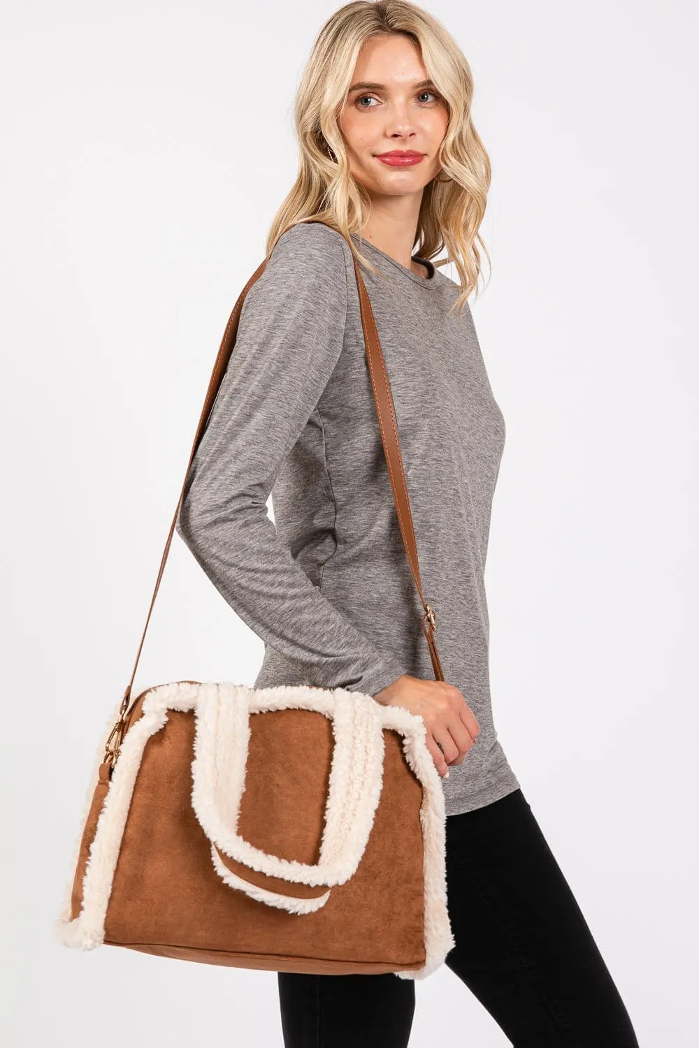 MB0260 Fleece Trimmed Tote/Crossbody Bag