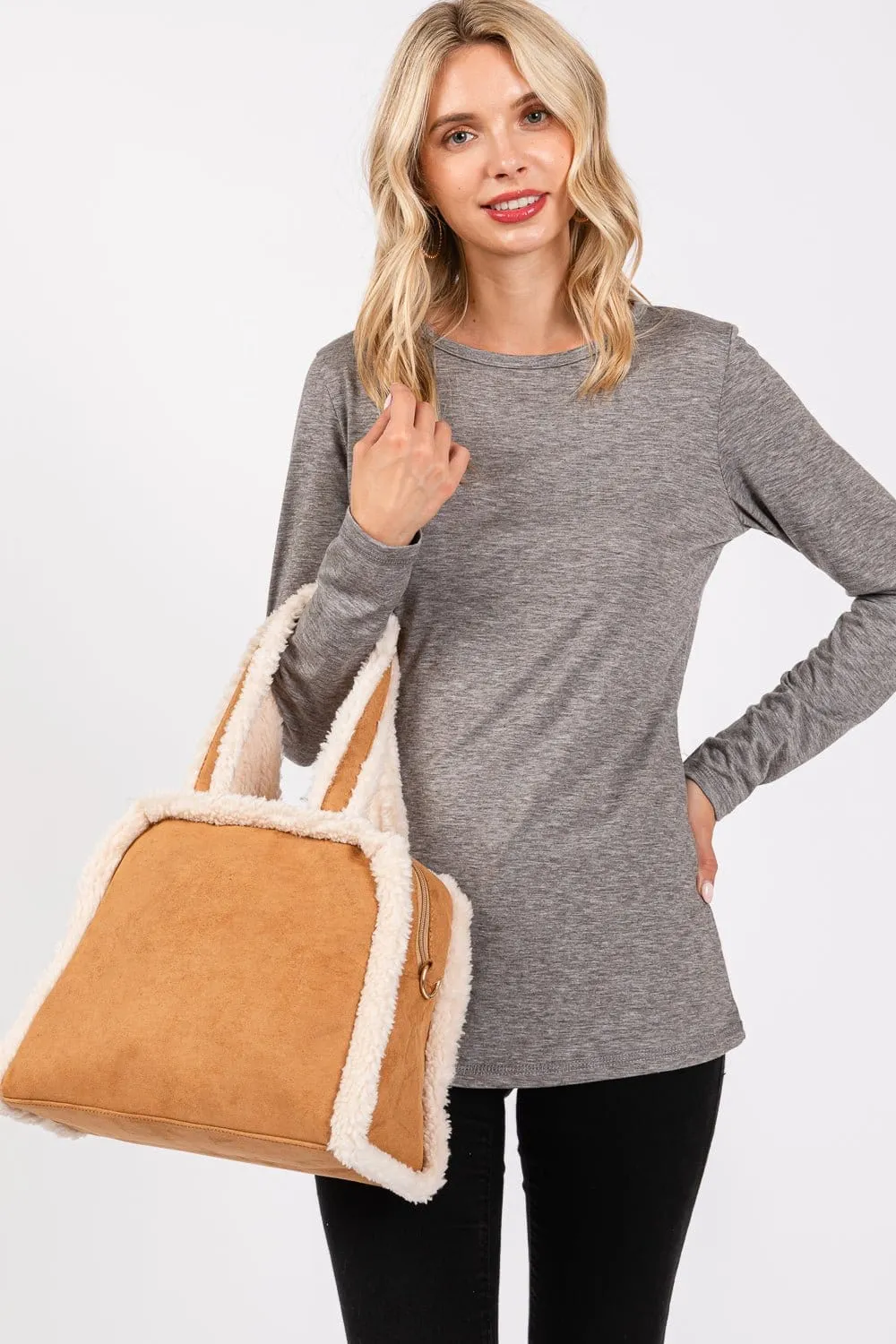 MB0260 Fleece Trimmed Tote/Crossbody Bag