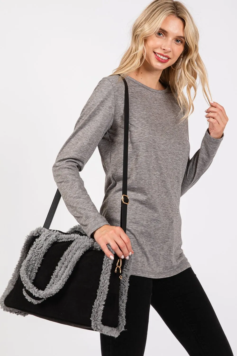 MB0260 Fleece Trimmed Tote/Crossbody Bag