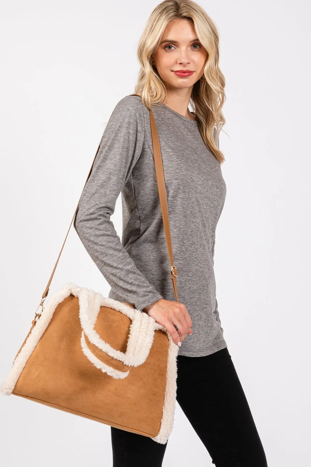 MB0260 Fleece Trimmed Tote/Crossbody Bag