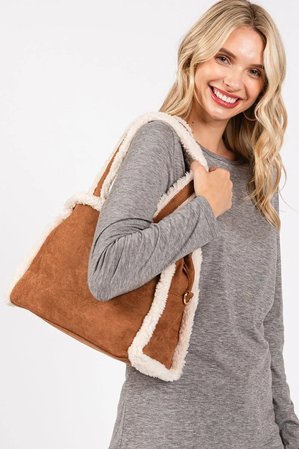 MB0260 Fleece Trimmed Tote/Crossbody Bag