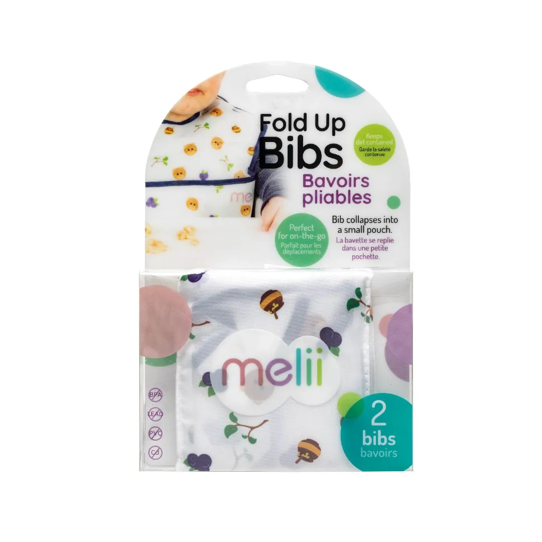 melii Fold Up Bib 2-Pack - Water-Resistant and Playful Bear Design, Adjustable Velcro, Deep Spill Pocket - Perfect for On-the-Go Parents and Messy Mealtimes