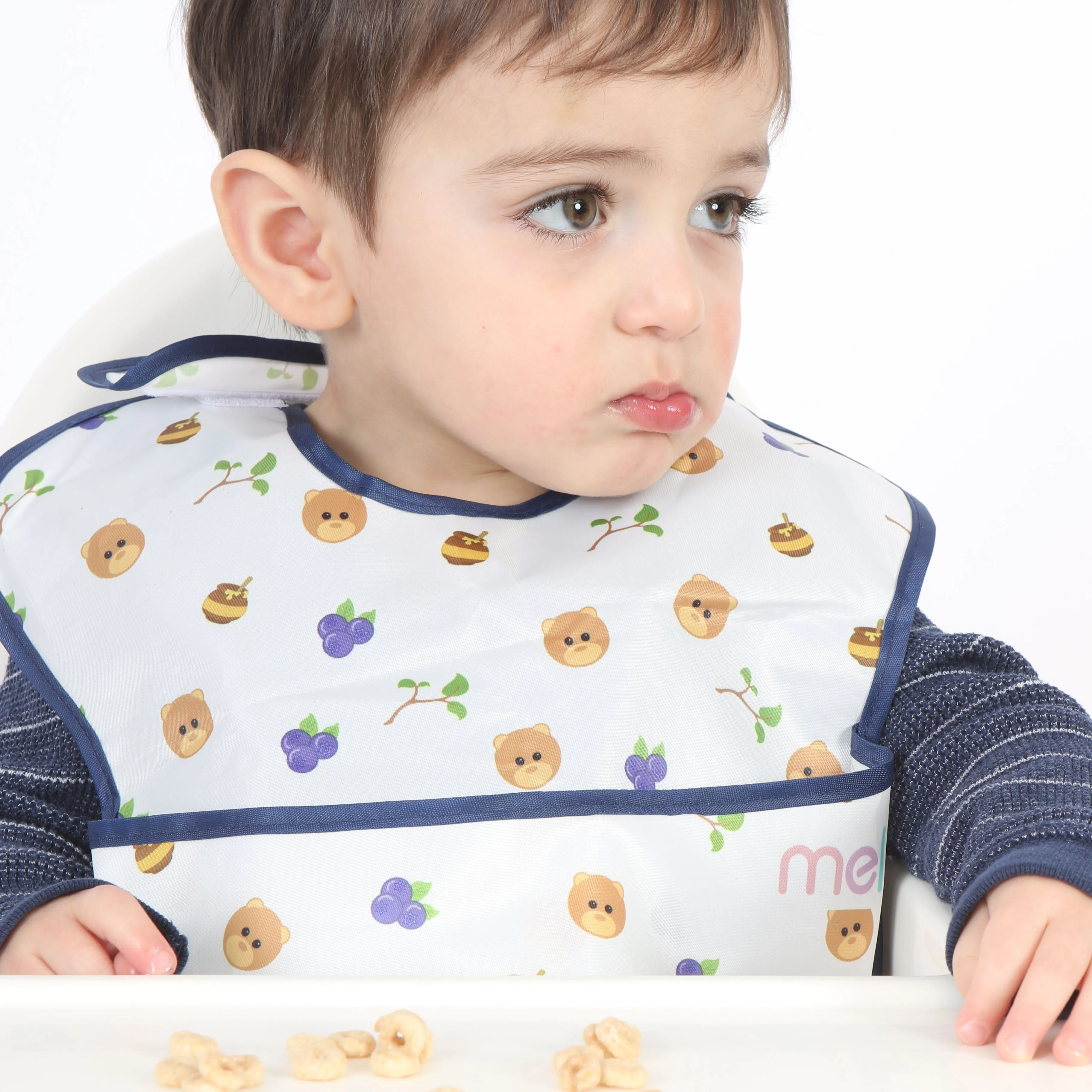 melii Fold Up Bib 2-Pack - Water-Resistant and Playful Bear Design, Adjustable Velcro, Deep Spill Pocket - Perfect for On-the-Go Parents and Messy Mealtimes