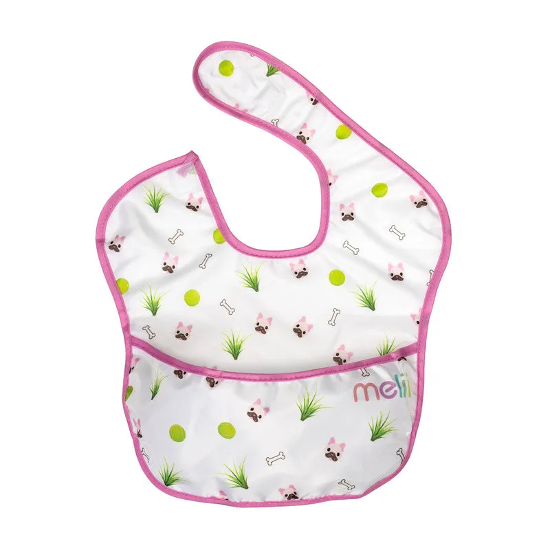 melii Fold Up Bib 2-Pack - Water-Resistant and Playful White & Pink Dog Design, Adjustable Velcro, Deep Spill Pocket - Perfect for On-the-Go Parents and Messy Mealtimes