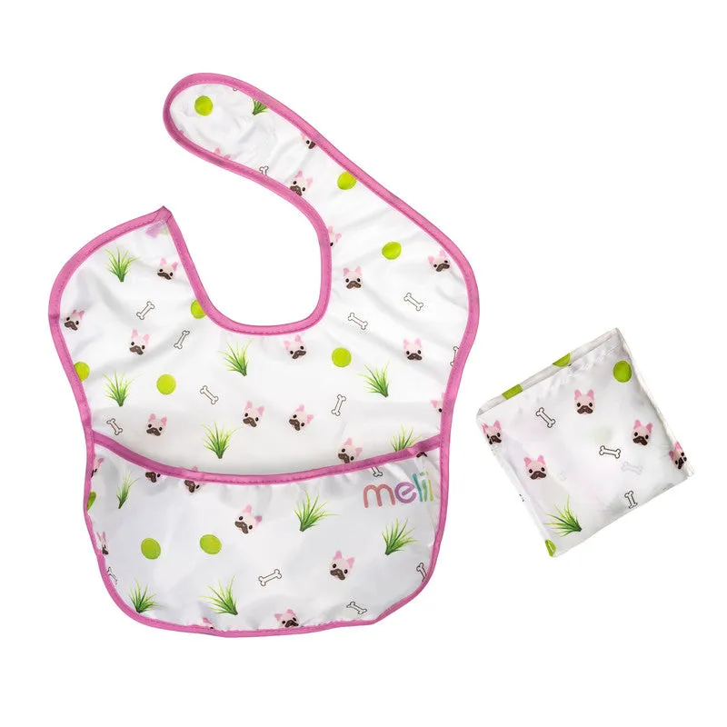 melii Fold Up Bib 2-Pack - Water-Resistant and Playful White & Pink Dog Design, Adjustable Velcro, Deep Spill Pocket - Perfect for On-the-Go Parents and Messy Mealtimes