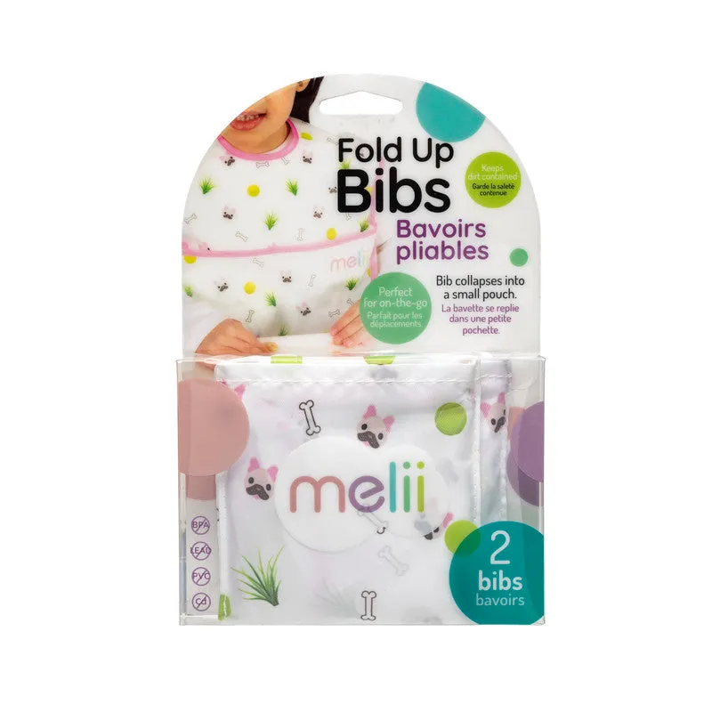 melii Fold Up Bib 2-Pack - Water-Resistant and Playful White & Pink Dog Design, Adjustable Velcro, Deep Spill Pocket - Perfect for On-the-Go Parents and Messy Mealtimes