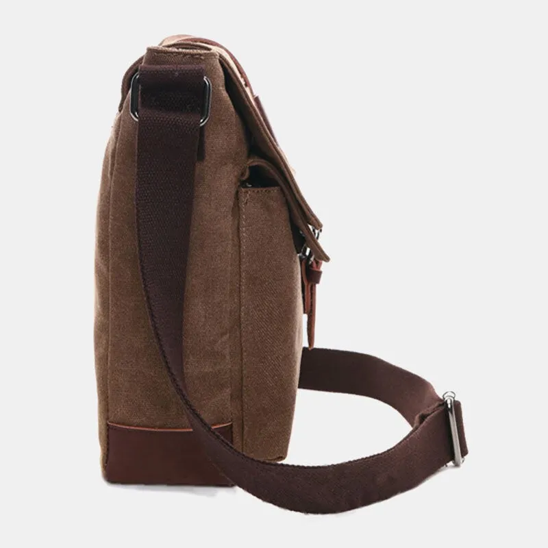 Men Canvas Leather Strap Insert Buckle Crossbody Bags Retro Casual Back Zipper Pocket Large Capacity Shoulder Bag