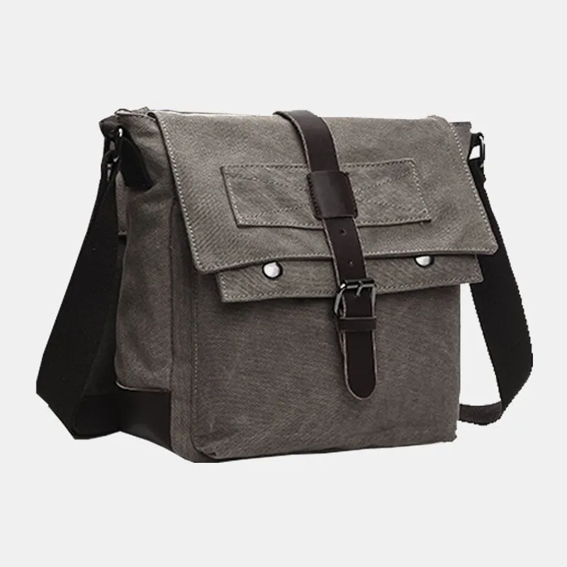 Men Canvas Leather Strap Insert Buckle Crossbody Bags Retro Casual Back Zipper Pocket Large Capacity Shoulder Bag