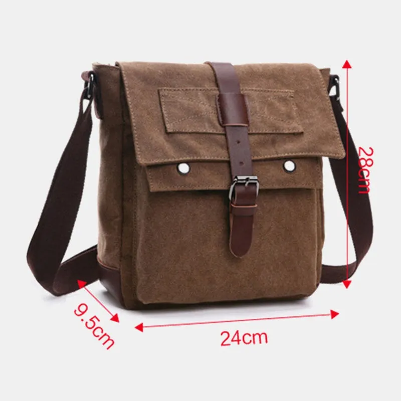 Men Canvas Leather Strap Insert Buckle Crossbody Bags Retro Casual Back Zipper Pocket Large Capacity Shoulder Bag