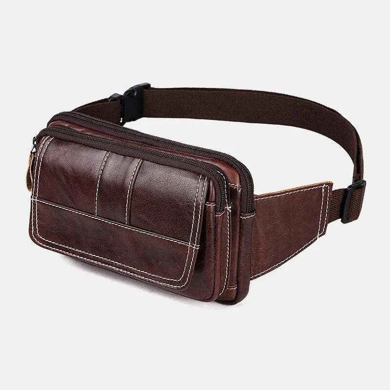 Men First Layer Cowhide Multifunction Chest Bag Large Capacity Retro 6.5 Inch Phone Bags Crossbody Waist