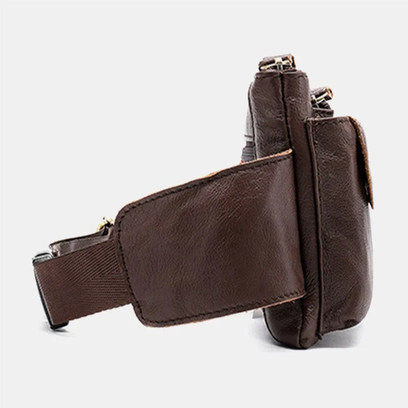 Men Genuine Leather Multi-pocket Chest Bag Waist Vintage 6.5 Inch Phone Anti-Theft Sling Crossbody Shoulder