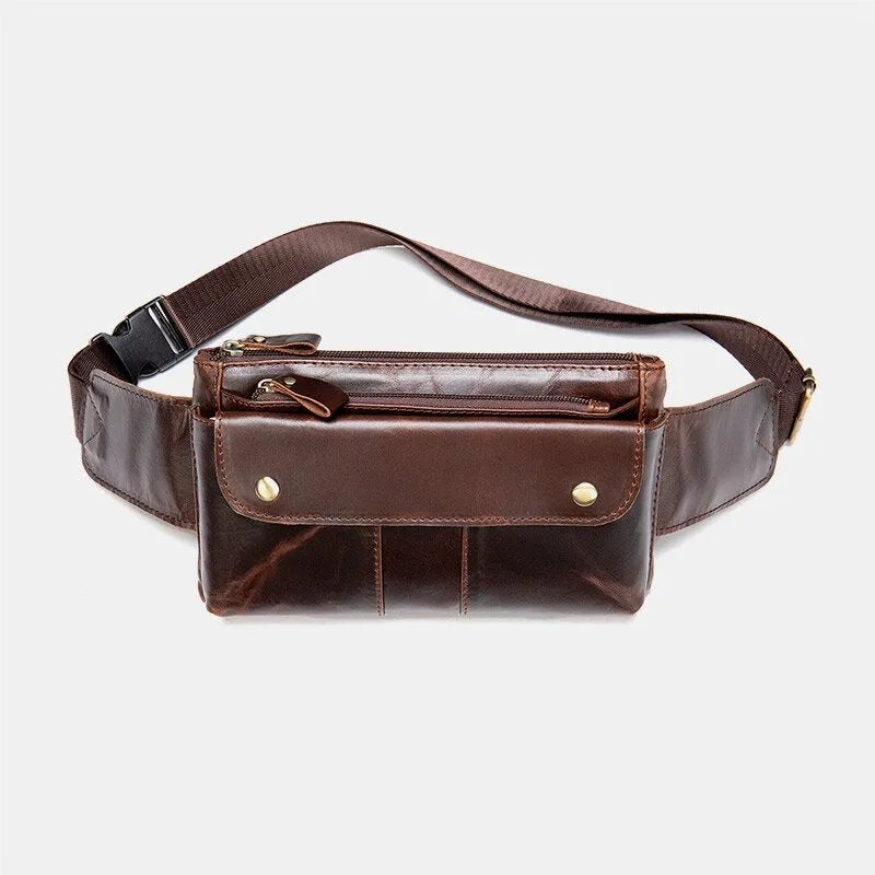 Men Genuine Leather Multi-pocket Chest Bag Waist Vintage 6.5 Inch Phone Anti-Theft Sling Crossbody Shoulder