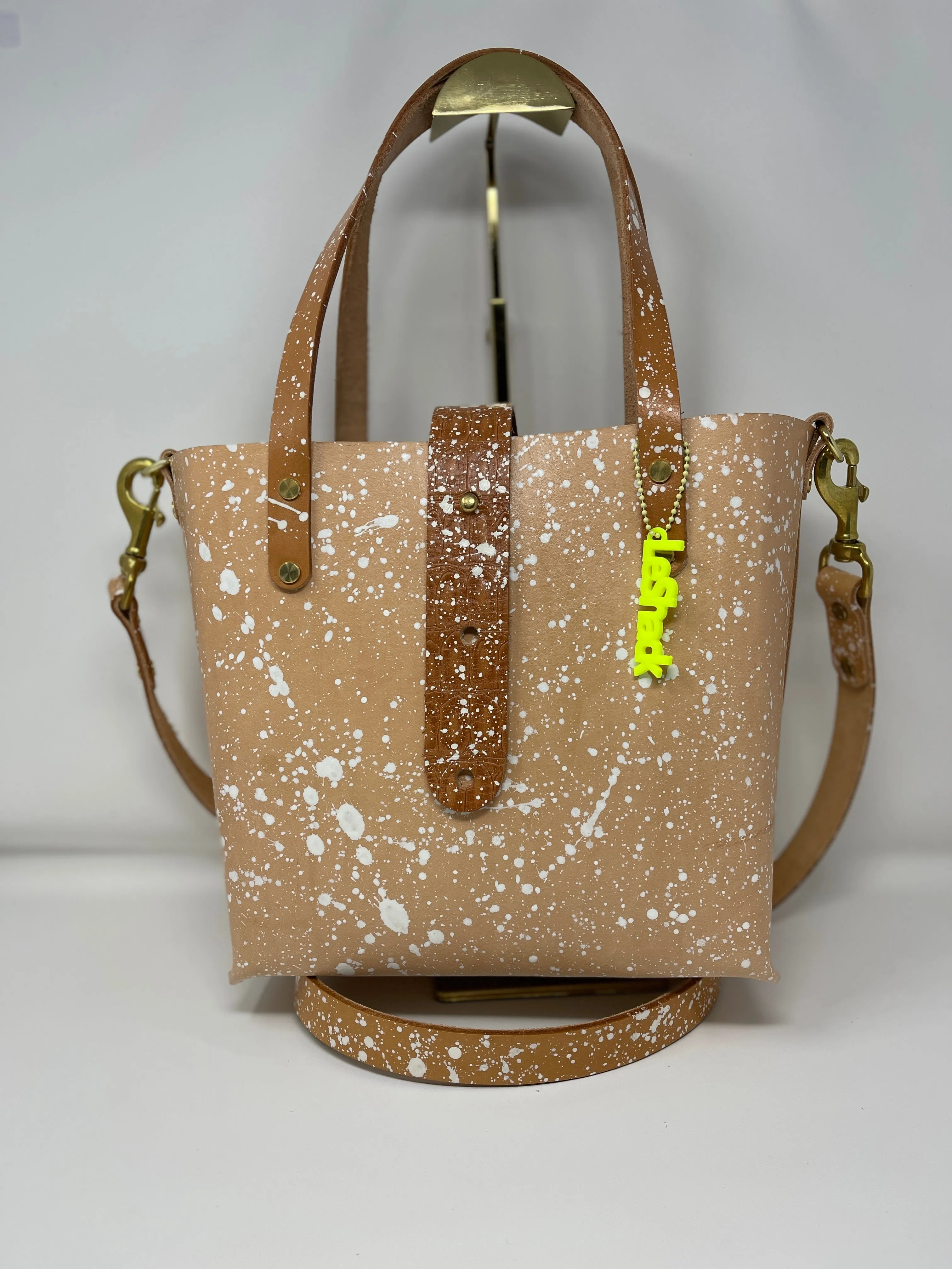 Natural Veg Tan Leather With White Splatter Open Top Crossbody Tote