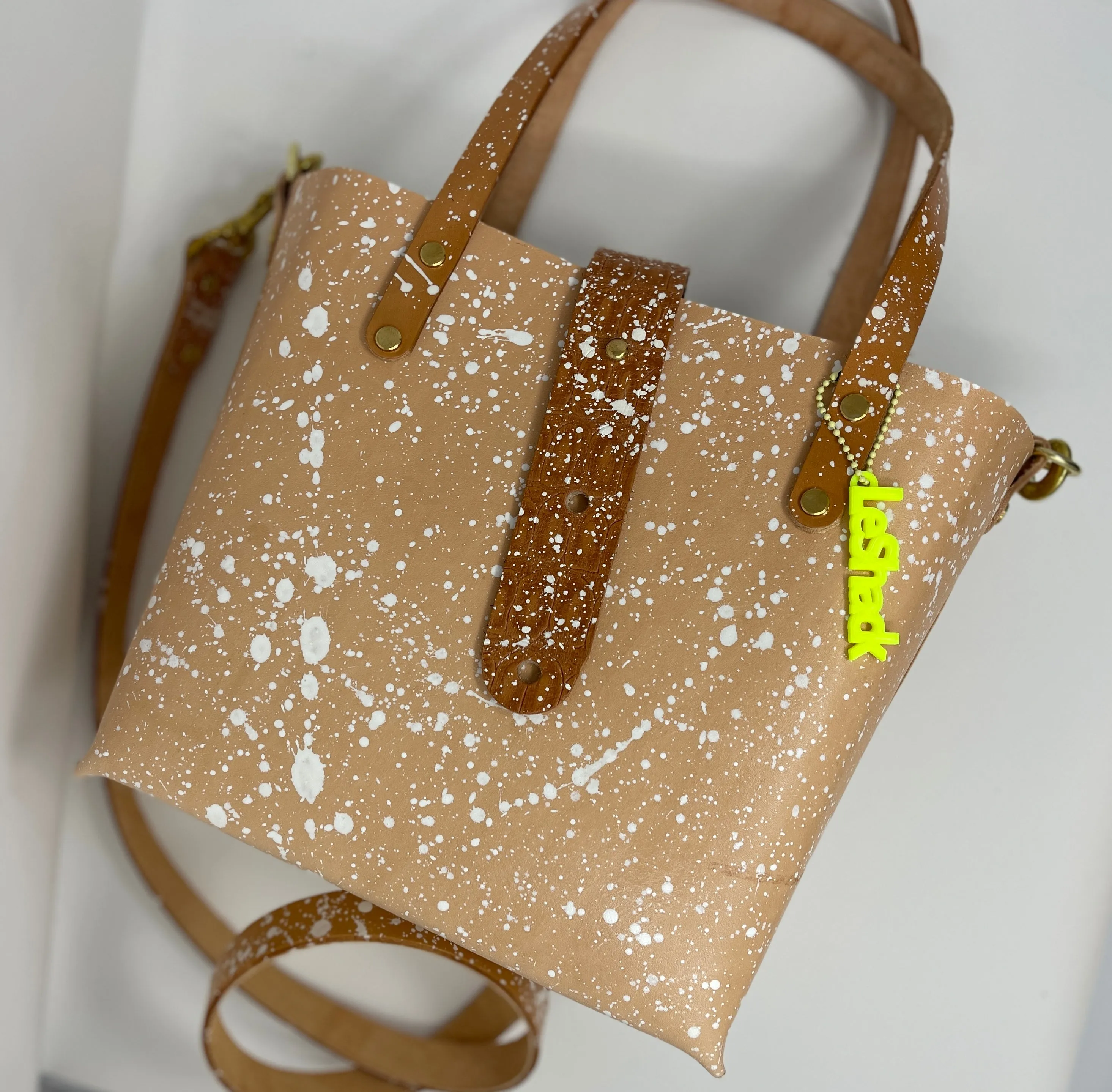 Natural Veg Tan Leather With White Splatter Open Top Crossbody Tote