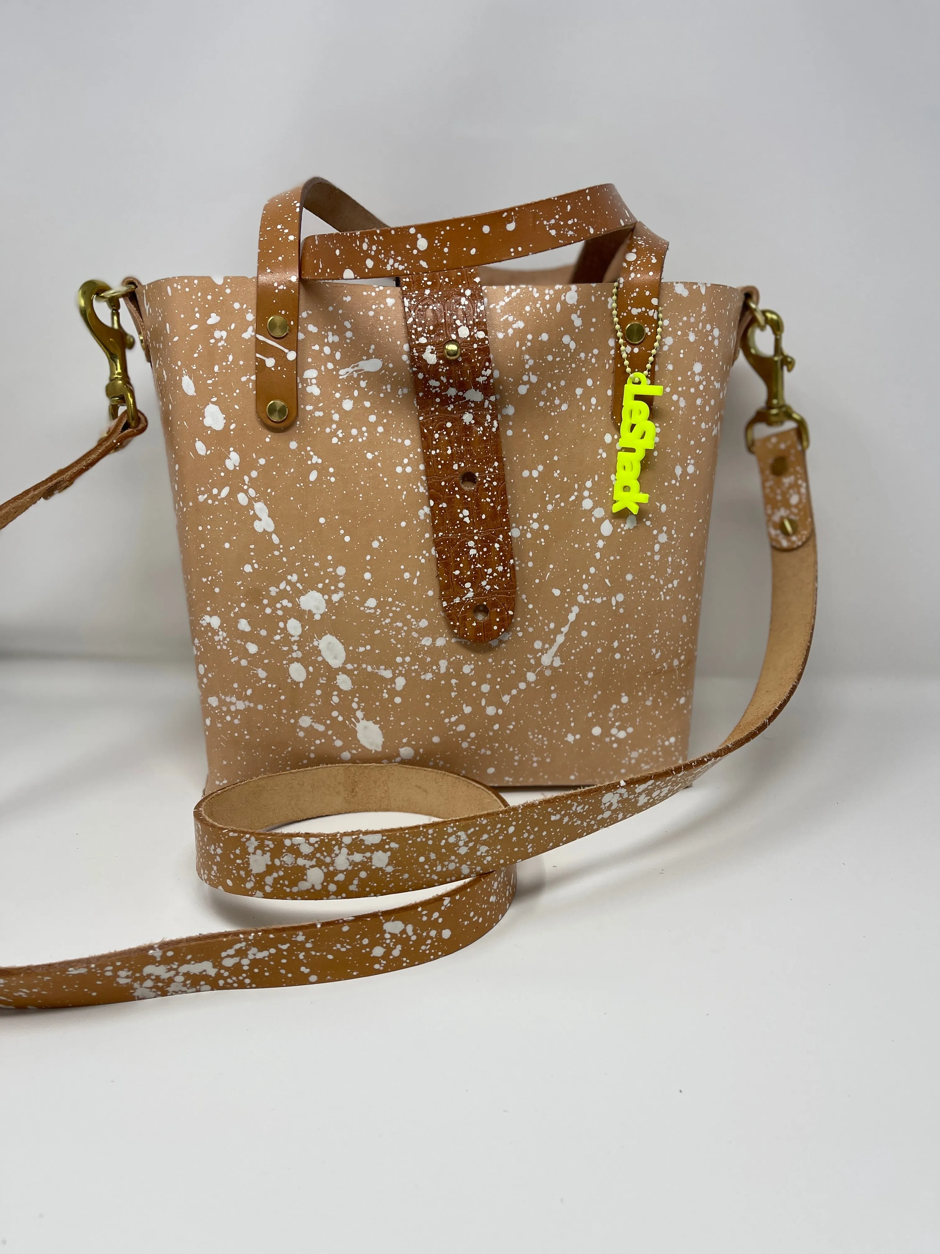 Natural Veg Tan Leather With White Splatter Open Top Crossbody Tote