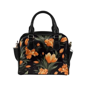 Orange Floral Purse, Flowers Retro Pattern Cute Small Shoulder Zip Bag Vegan Leather Women Designer Handbag Crossbody Ladies