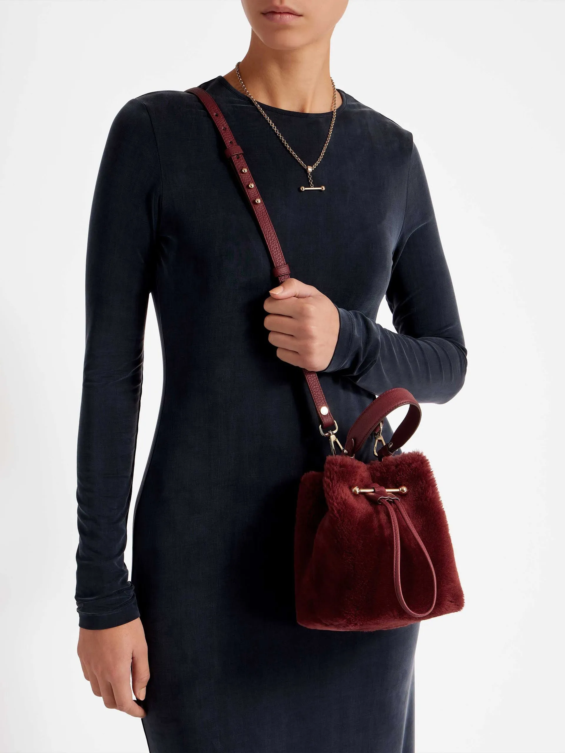 Oxblood shearling Osette bucket bag