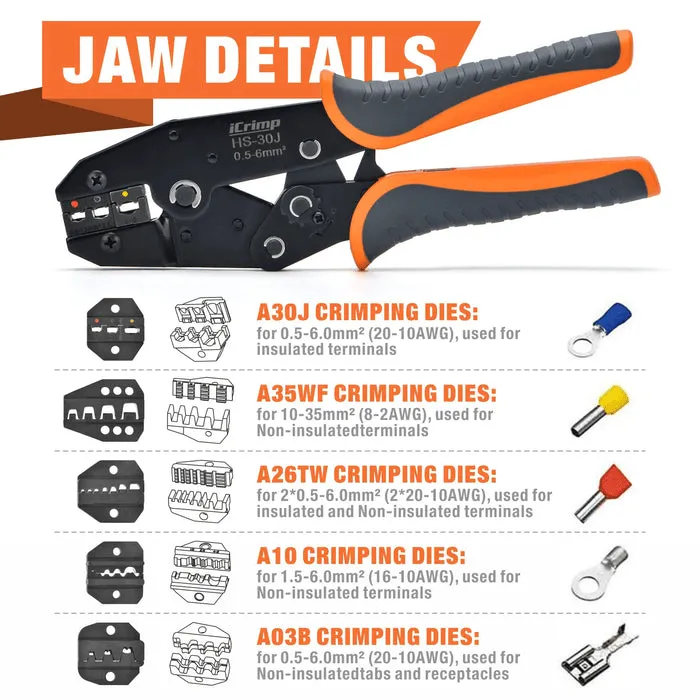 Ratchet Wire Crimping Tool Kit for 0.5-35mm² Insulated and Non-Insulated Terminals with Wire Striper and Cutter