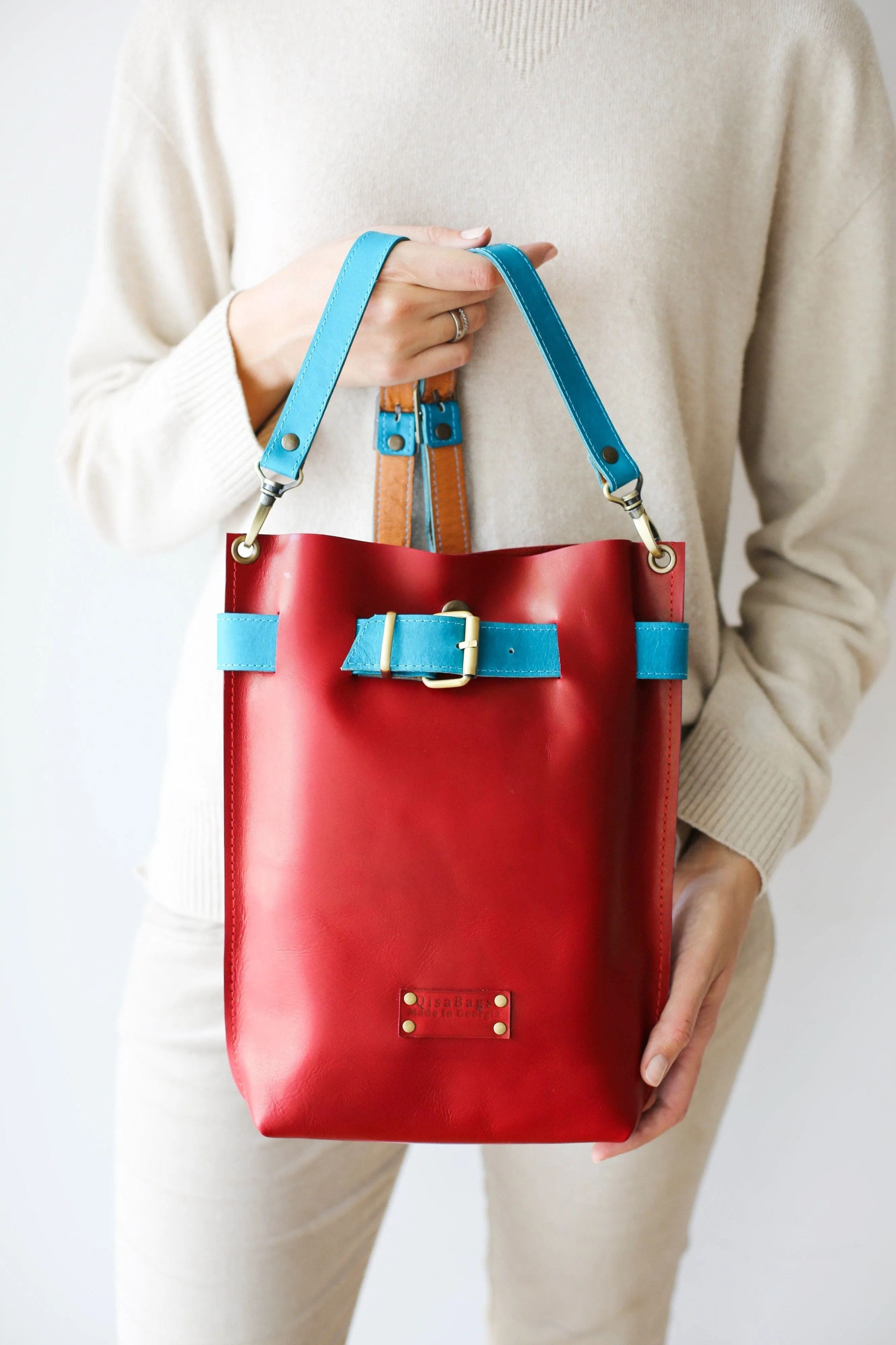 Red with Blue Leather Bag