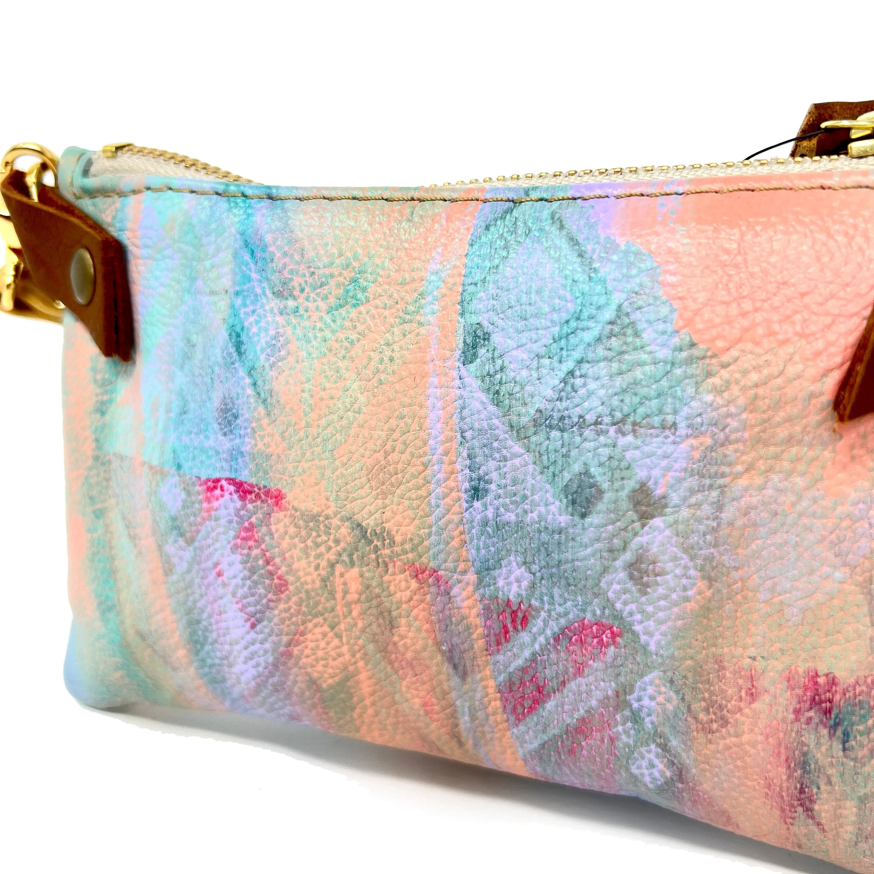 Small Leather Shoulder Bag Crossbody Purse For Women - Hand Painted in Colors of Peach Turquoise & Lilac - One Of A Kind