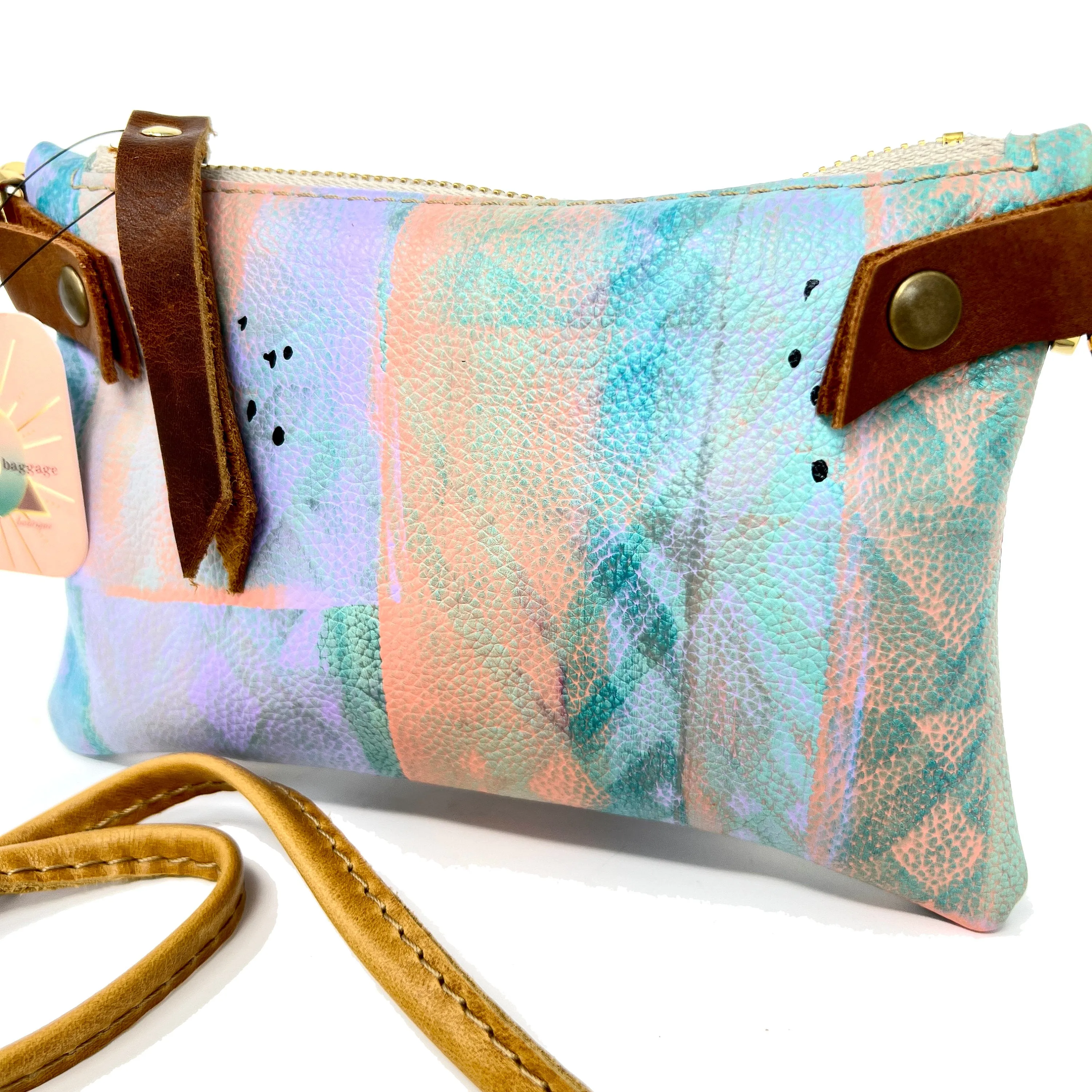 Small Leather Shoulder Bag Crossbody Purse For Women - Hand Painted in Colors of Peach Turquoise & Lilac - One Of A Kind