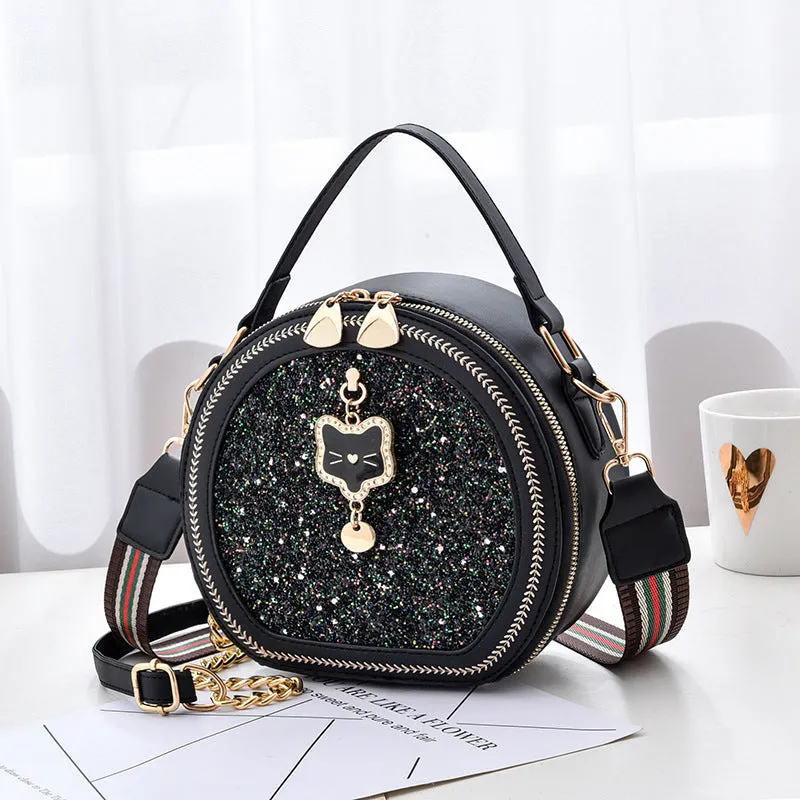 Sohiwoo Women Sequin Round Handbag Cute Cat Decor Crossbody Bag Top Handle Purse