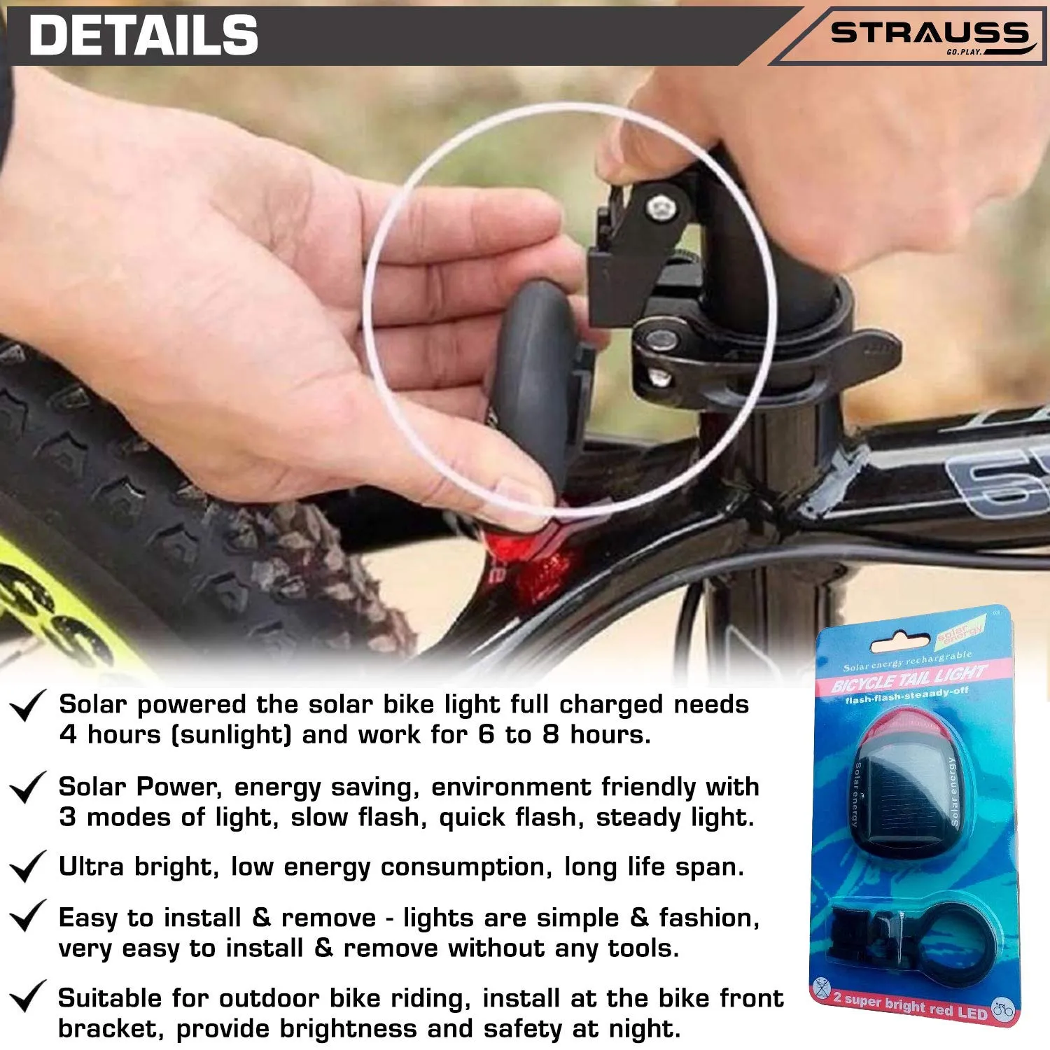 Strauss Bicycle Solar Tail Light and Bicycle Frame Bag, (Black)