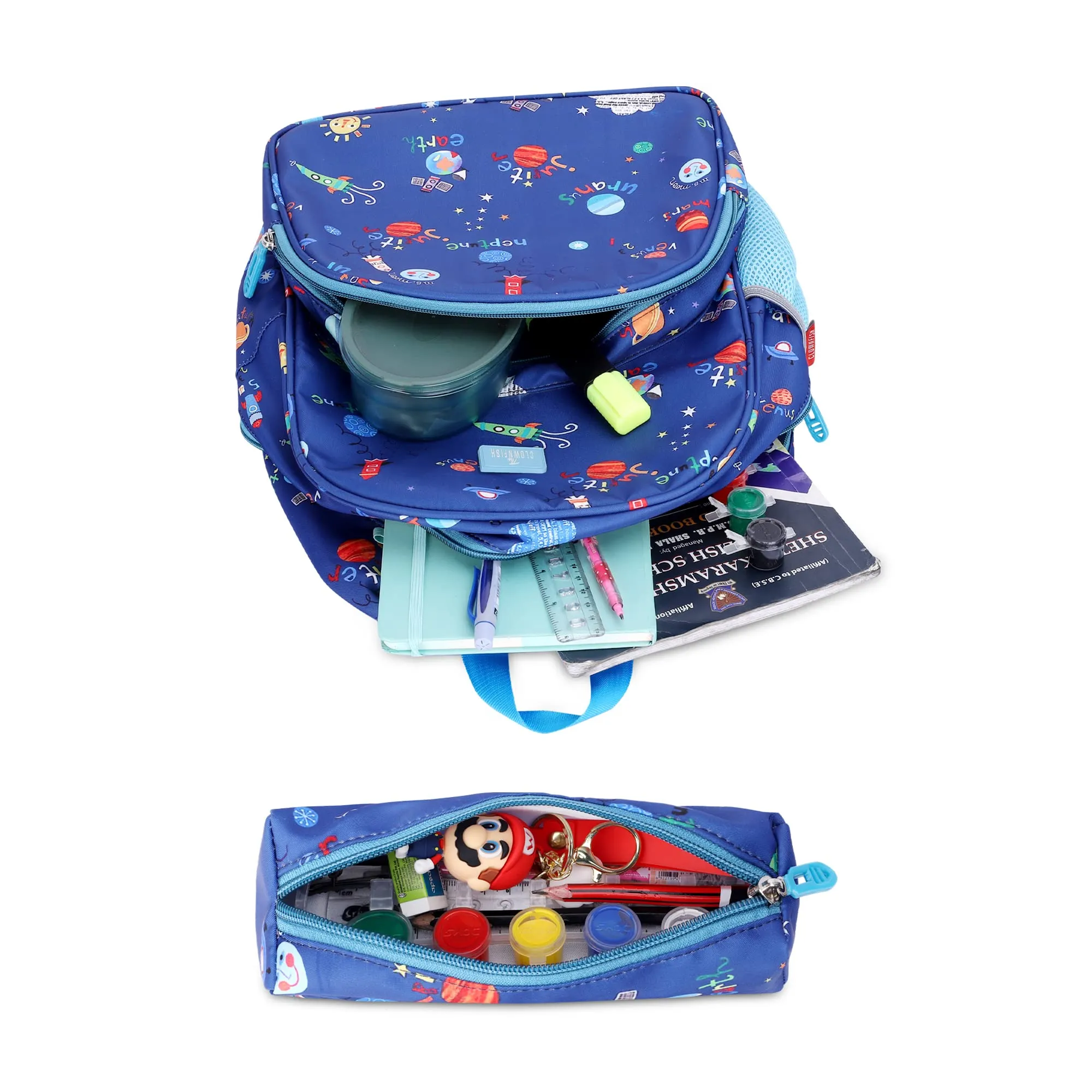 THE CLOWNFISH Cosmic Critters Series Printed Polyester 15 Litres Kids Backpack School Bag with Free Pencil Staionery Pouch Daypack Picnic Bag for Tiny Tots Of Age-5-7 years (Dodger Blue) (Medium Size)