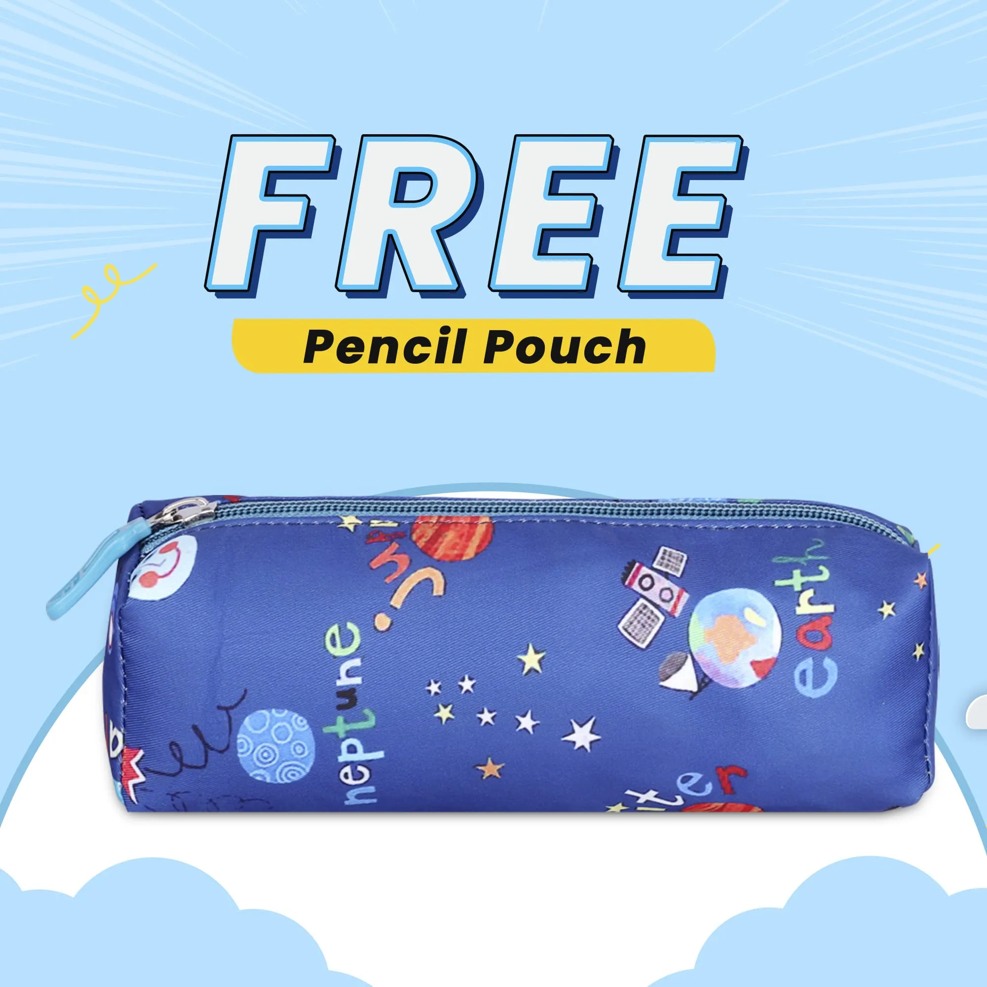 THE CLOWNFISH Cosmic Critters Series Printed Polyester 15 Litres Kids Backpack School Bag with Free Pencil Staionery Pouch Daypack Picnic Bag for Tiny Tots Of Age-5-7 years (Dodger Blue) (Medium Size)