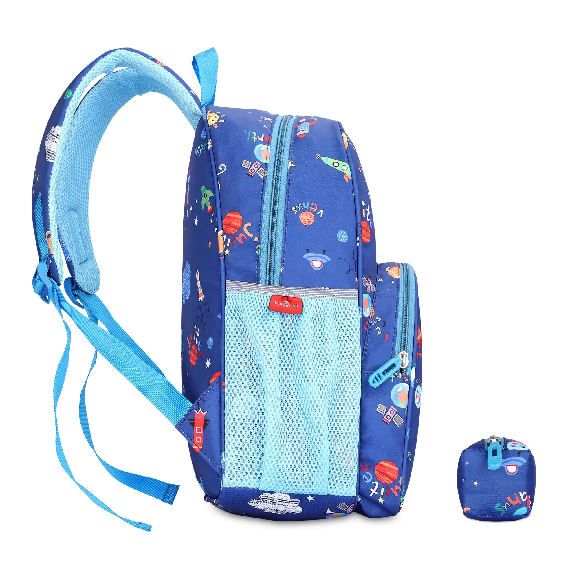 THE CLOWNFISH Cosmic Critters Series Printed Polyester 15 Litres Kids Backpack School Bag with Free Pencil Staionery Pouch Daypack Picnic Bag for Tiny Tots Of Age-5-7 years (Dodger Blue) (Medium Size)