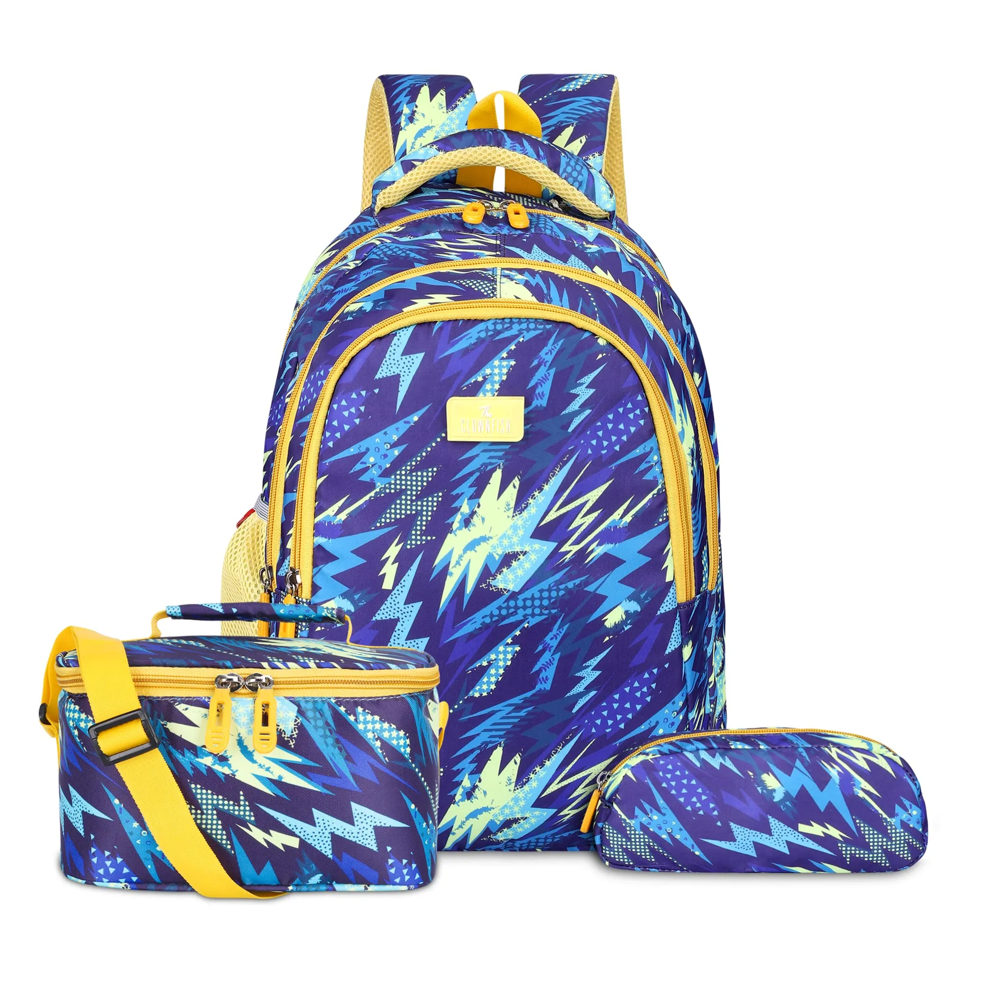 THE CLOWNFISH Fuel & Focus Series Printed Polyester 30 L School Backpack with Pencil/Staionery Pouch & Lunch/Tiffin Bag School Bag Daypack Trio For School Going Boys & Girls (Lightning Blue)