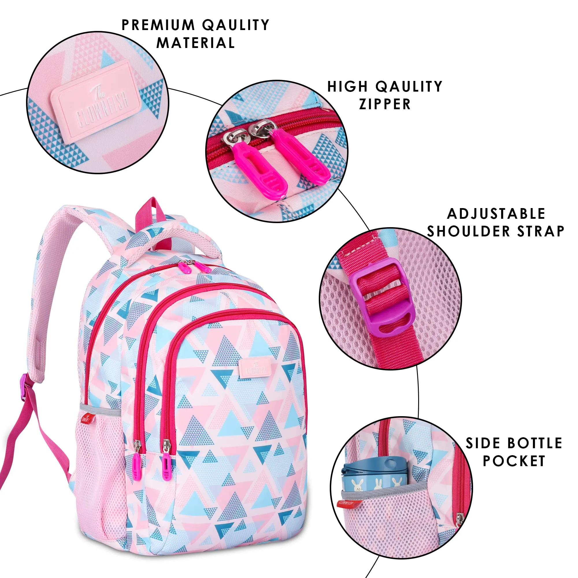 THE CLOWNFISH Scholastic Series Printed Polyester 30 L School Standard Backpack With Pencil/Staionery Pouch School Bag Daypack Picnic Bag For School Going Boys & Girls Age 8-10 Years (Baby Pink)