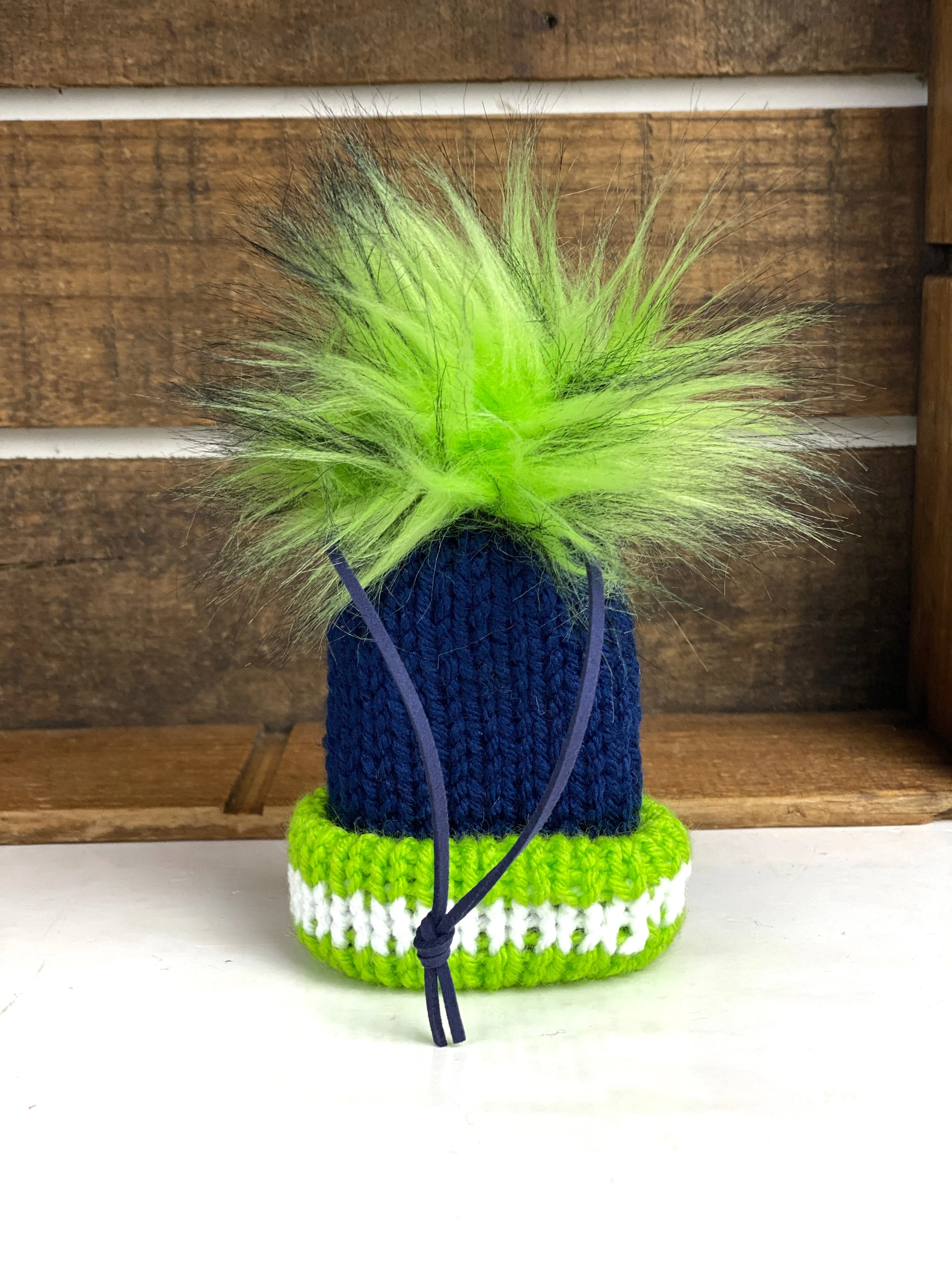 Tiny Seattle Blue and Green Mini Knit Hat Purse Charm, Folded Brim Tiny Hat Ornaments, Seahawks Inspired Miniature Beanie Christmas Decor