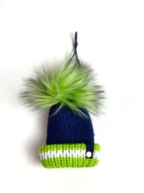 Tiny Seattle Blue and Green Mini Knit Hat Purse Charm, Folded Brim Tiny Hat Ornaments, Seahawks Inspired Miniature Beanie Christmas Decor