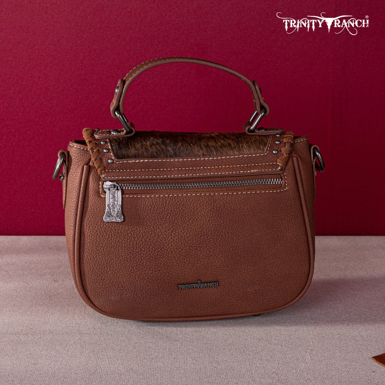 TR149-8360 Trinity Ranch Hair-On Cowhide Saddle Shape Collection Crossbody/Satchel -Brown