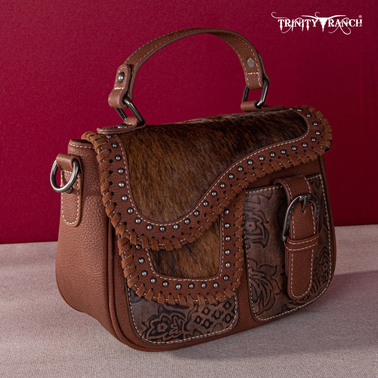 TR149-8360 Trinity Ranch Hair-On Cowhide Saddle Shape Collection Crossbody/Satchel -Brown