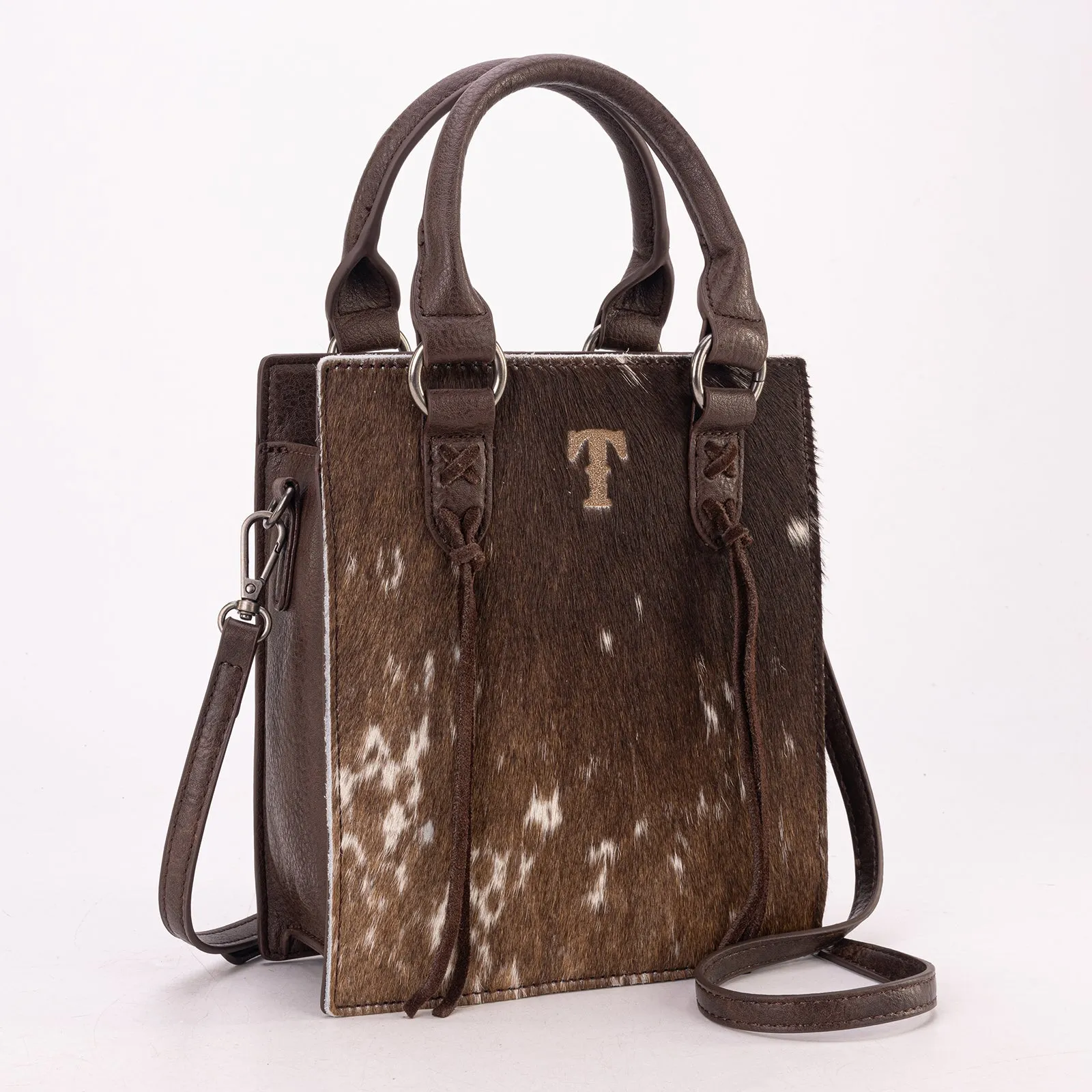 TR183-8360  Trinity Ranch Hair On Cowhide Top Handle Tote/Crossbody - Coffee