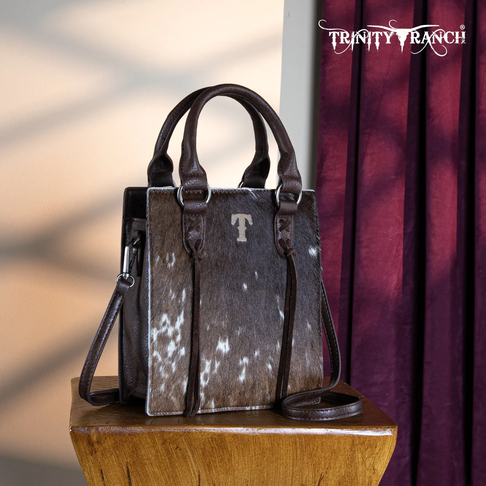 TR183-8360  Trinity Ranch Hair On Cowhide Top Handle Tote/Crossbody - Coffee