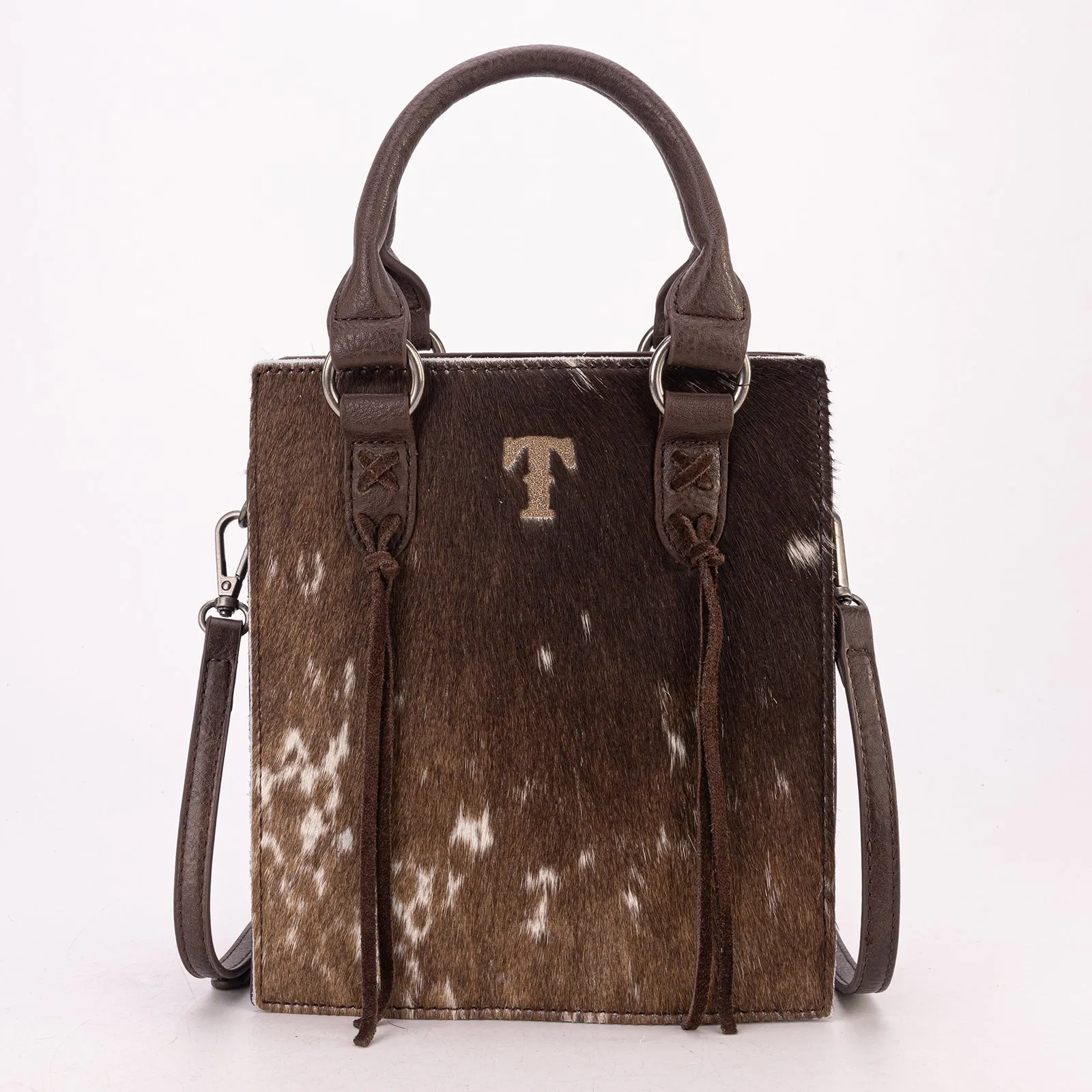 TR183-8360  Trinity Ranch Hair On Cowhide Top Handle Tote/Crossbody - Coffee