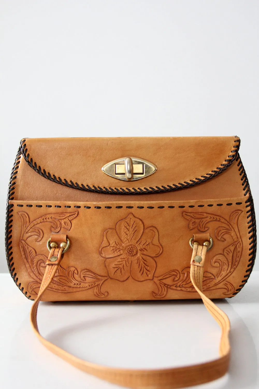 vintage tooled leather hand bag