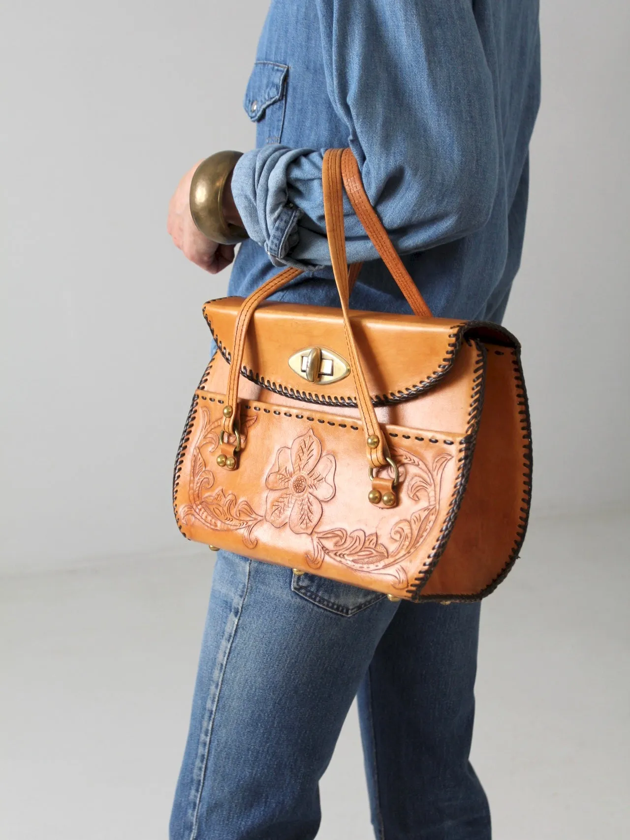 vintage tooled leather hand bag