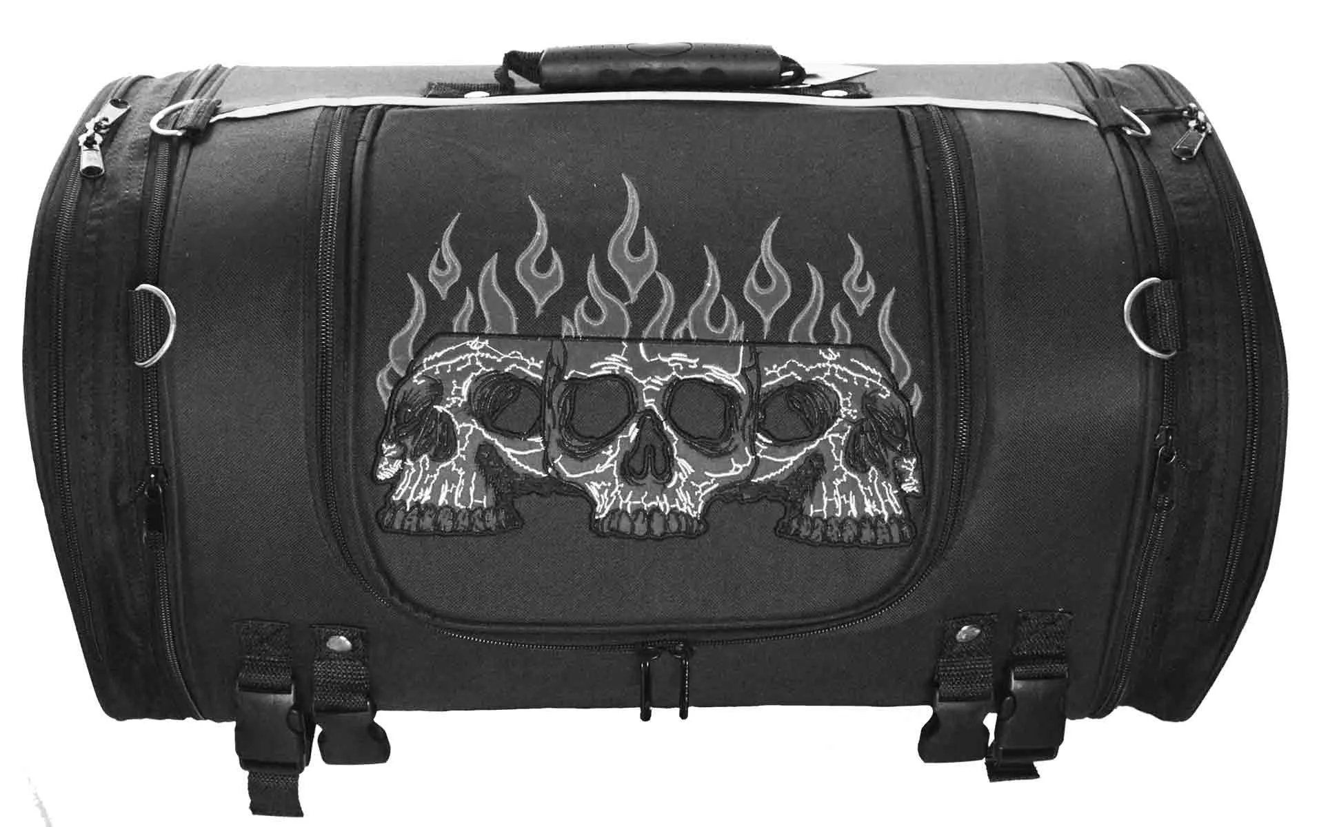 VS366 Vance Leather Trunk Bag w/Expandable Sides & Reflective Skull w/Colored Flame Embroidery