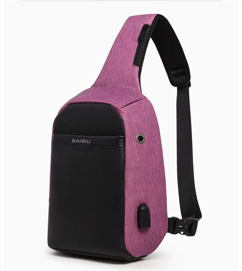 Waterproof Crossbody Bag with USB- Purple