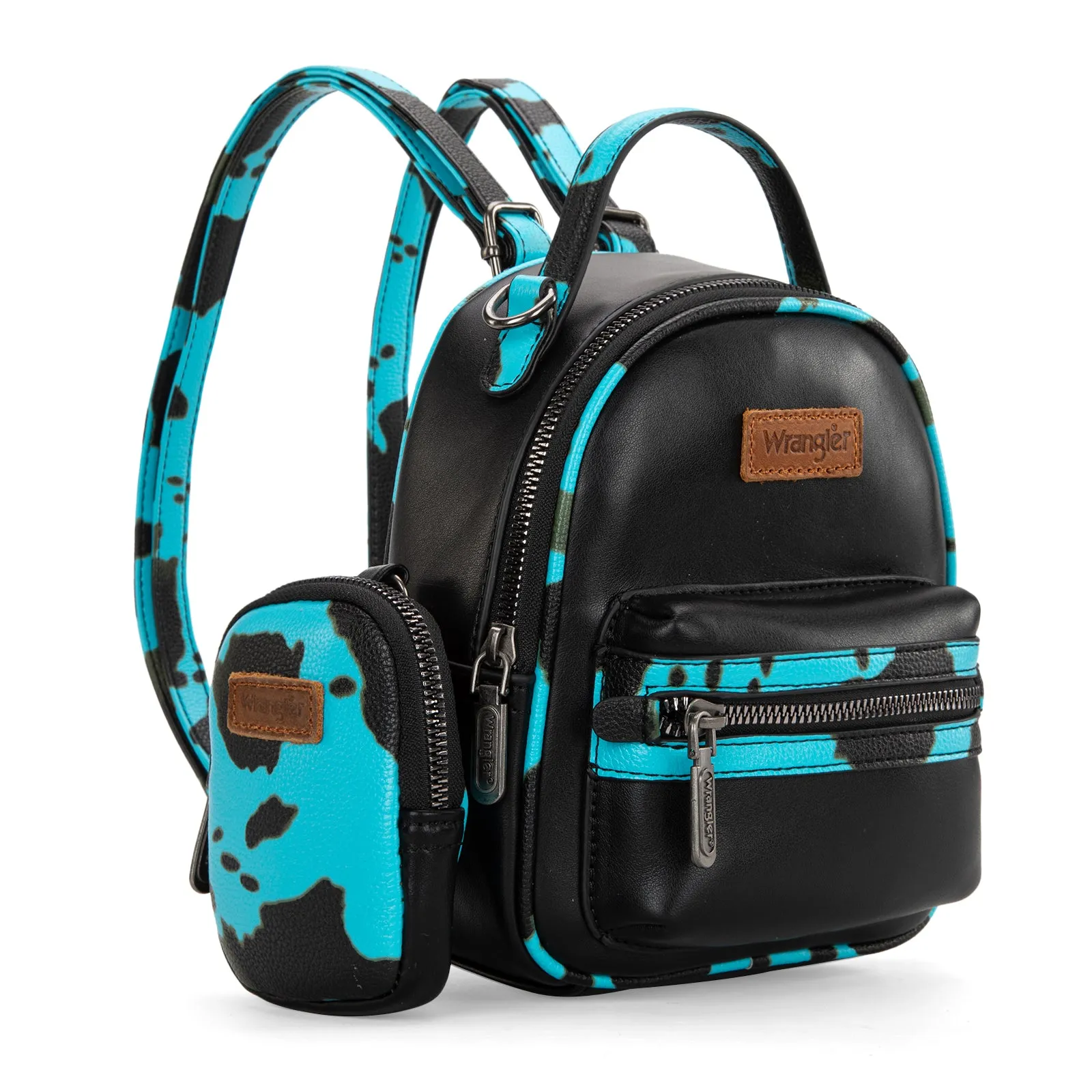 WG102-8600  Wrangler Cow Print  Trimmed Mini Backpack With Coin Pouch - Turquoise